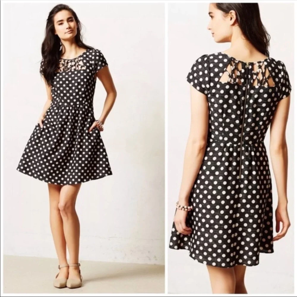 Anthropologie Maeve Nikola Polka Dot Mini Dress | Black White | Size 4 - Picture 1 of 14